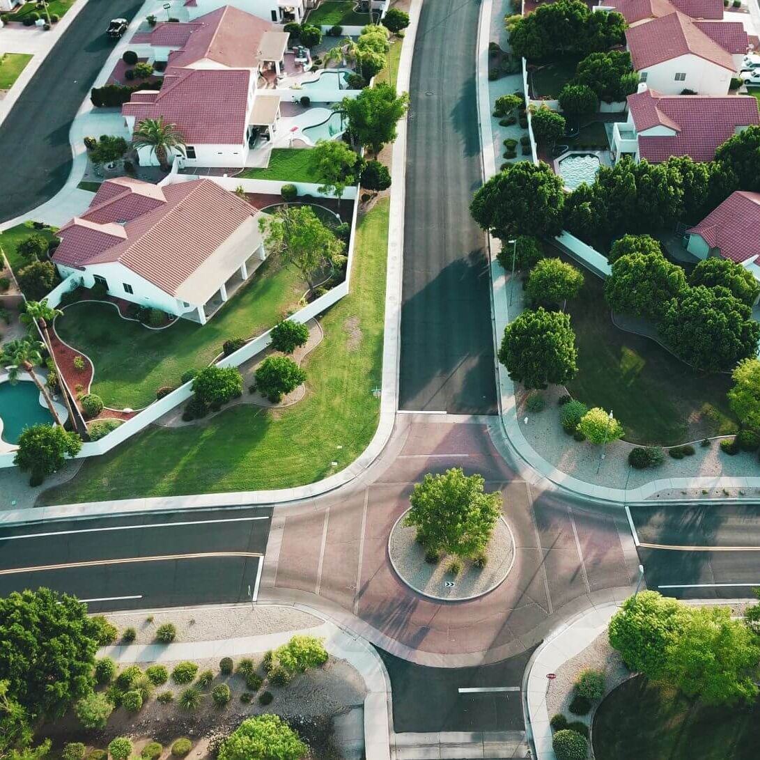 neighborhood with roundabout and houses